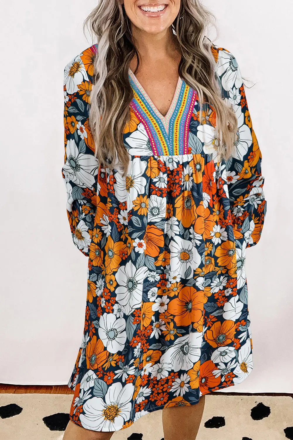 Orange Floral Print Lace V Neck Long Sleeve Mini Dress Dear-Lover Dropshipping